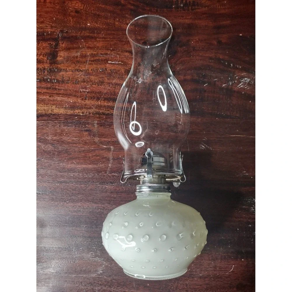 Vintage Hobnail Milk Glass Oil Lamp w/ Clear Chimney 12